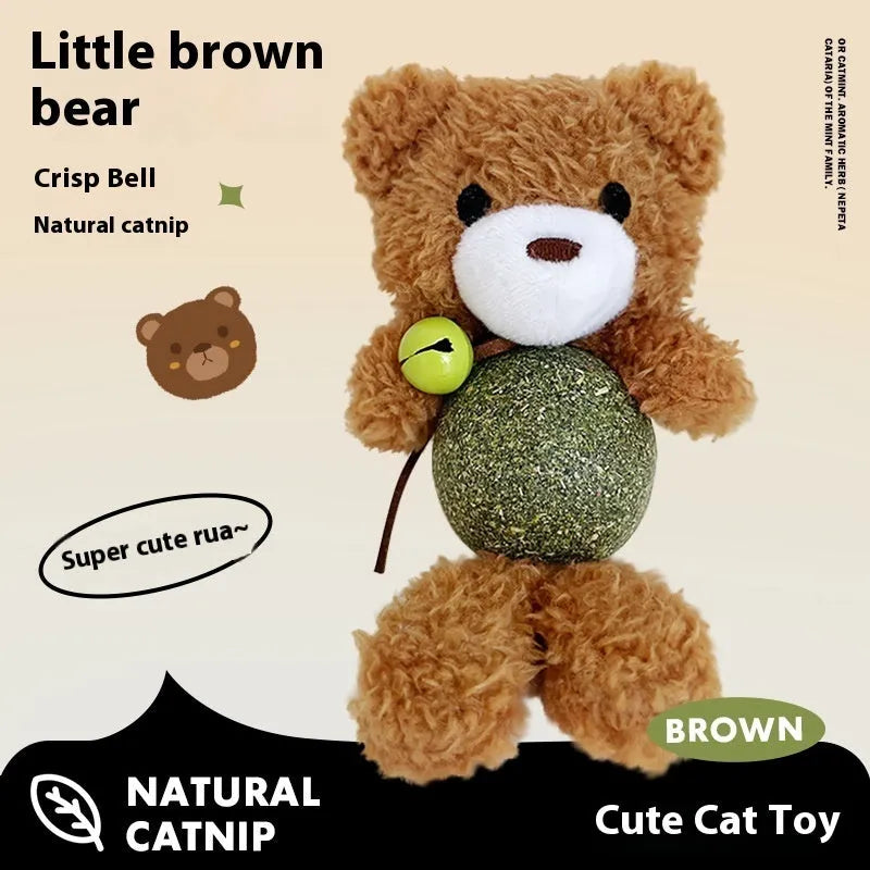 Plush cat toy with catnip ball and bell in brown bear, pink rabbit, piyopiyo or green frog colours