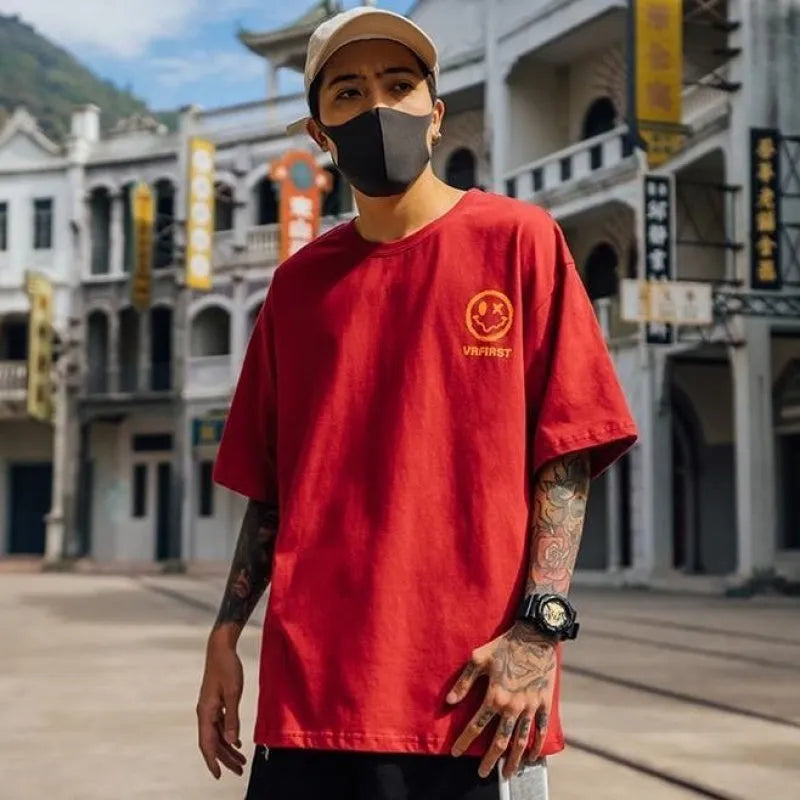 Men's smiley face short sleeve cotton t-shirt in dark grey, black, red, white, blue, or pure black, Asian sizes M-3XL