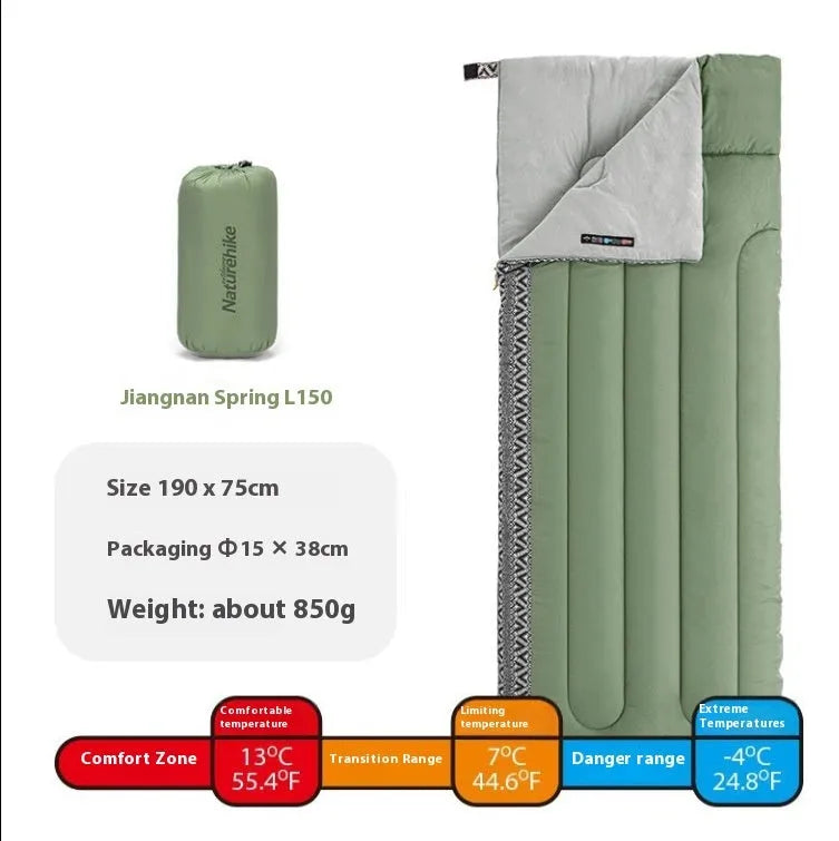 Four seasons portable camping sleeping bag for adults with storage bag, in swamp colour.
