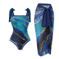 Women's retro one-piece swimsuit with chiffon skirt in floral pattern design