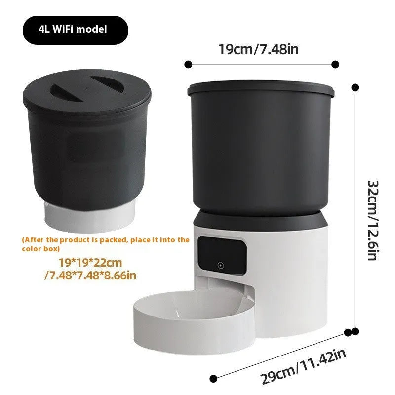 4L smart pet feeder with control panel, food hopper, and optional stainless steel bowl for cats and dogs.