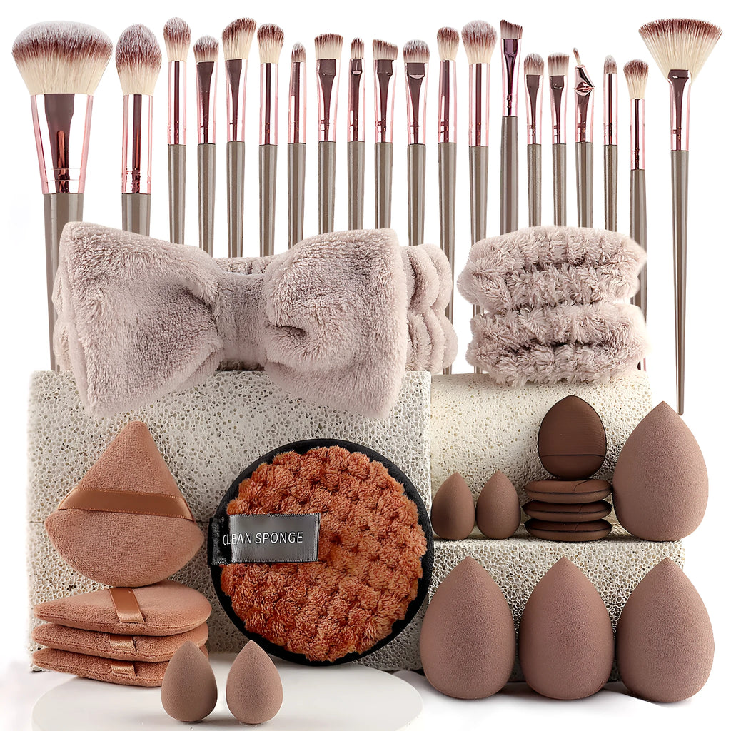 Hydrophilic non-latex beauty tools set in brown, pink and purple colours for facial cleansing and makeup