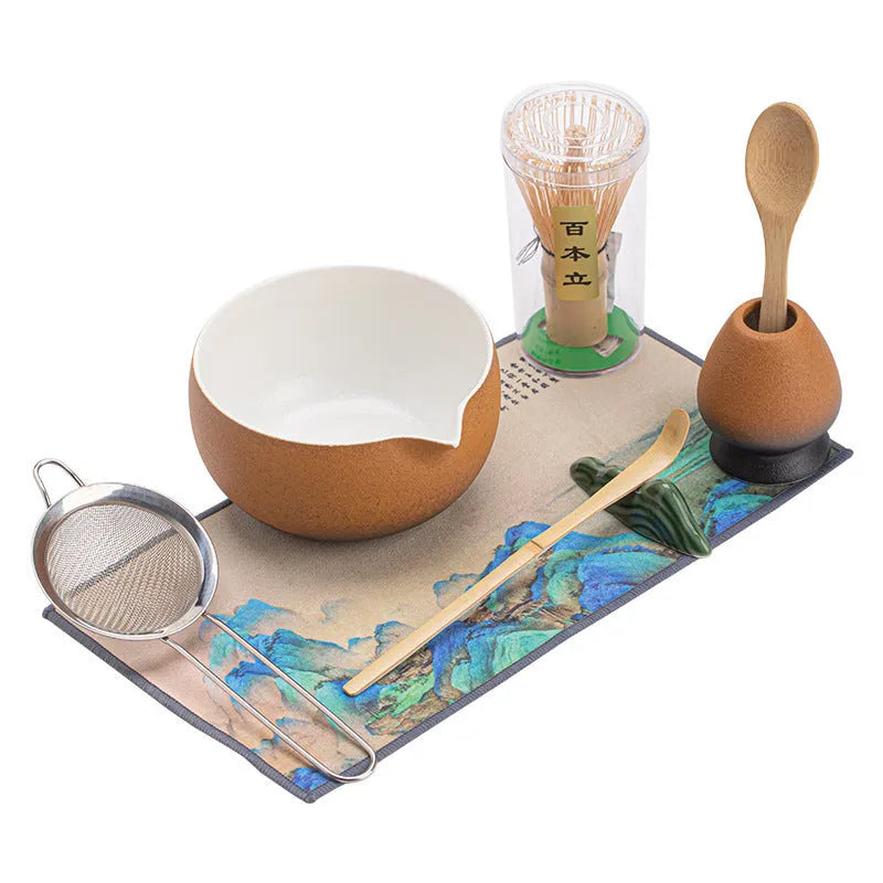 Ceramic matcha tea set with 550ml bowl, whisk, stand, and spoon in Chinese style glaze finish