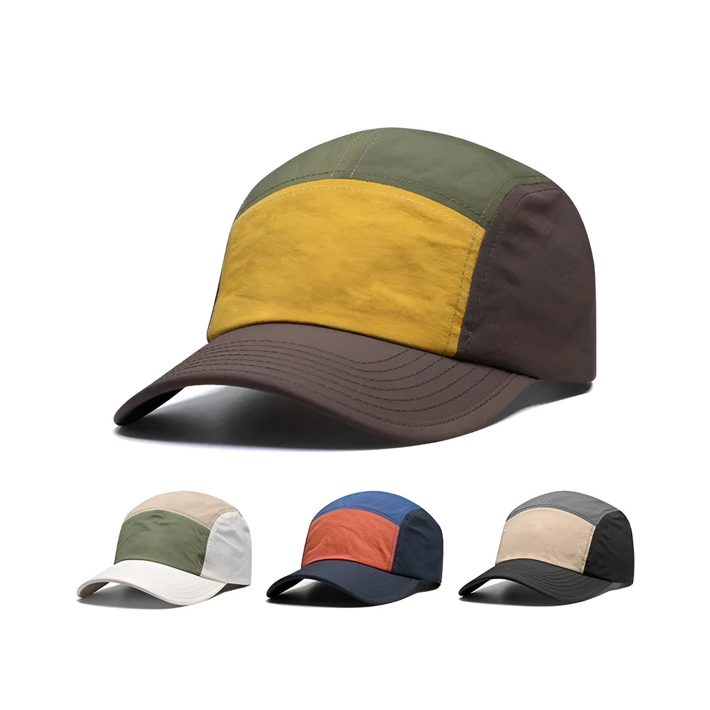 Men's quick-drying baseball cap with curved brim in cotton-polyester fabric, showing five-piece colour matching design