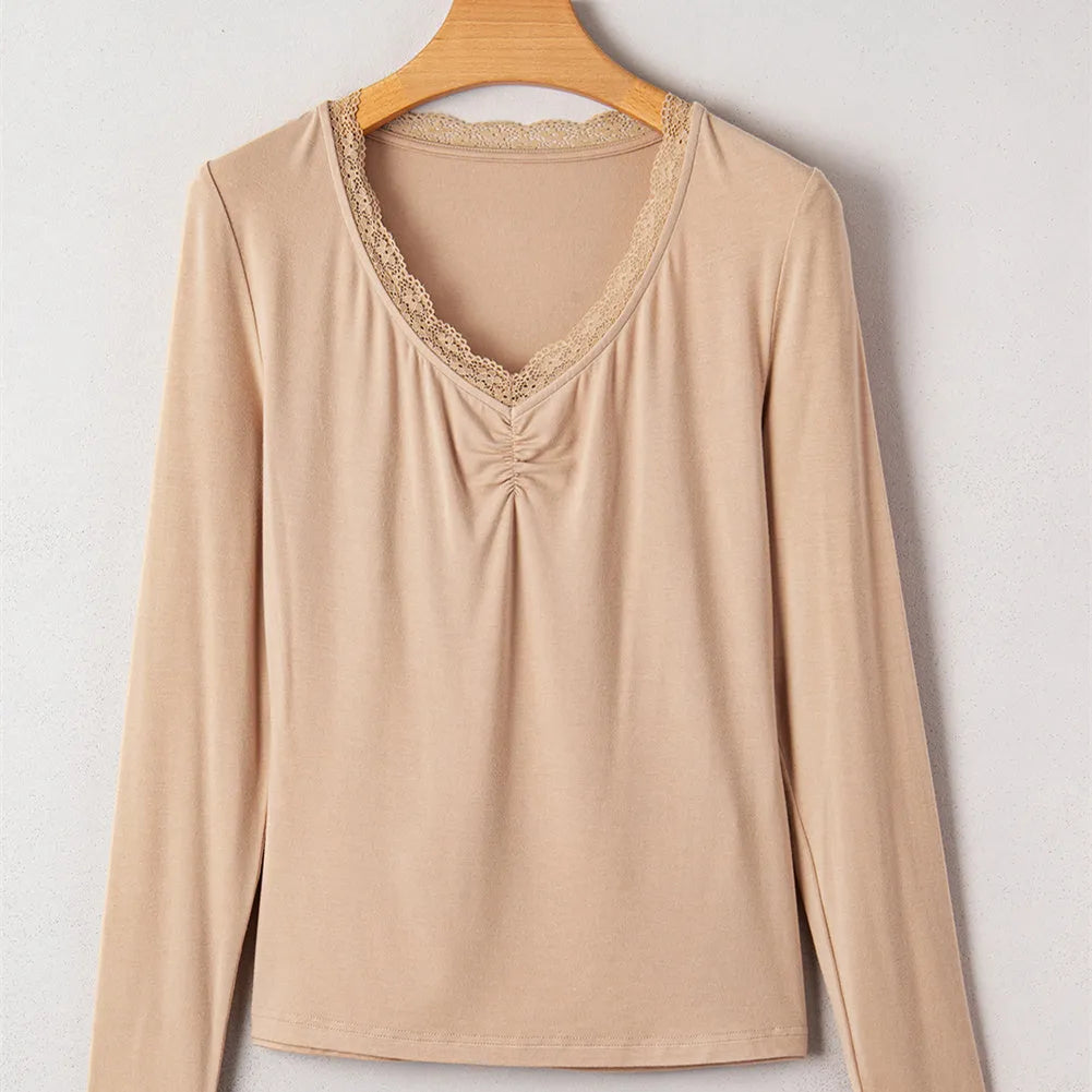 Women's red long sleeve casual top with lace trim detail, slim fit.