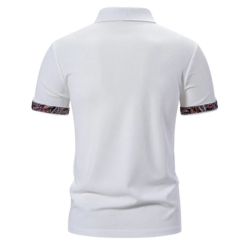 Men's cotton blend polo shirt with turnover collar and colour stitching in white, black, or navy blue.