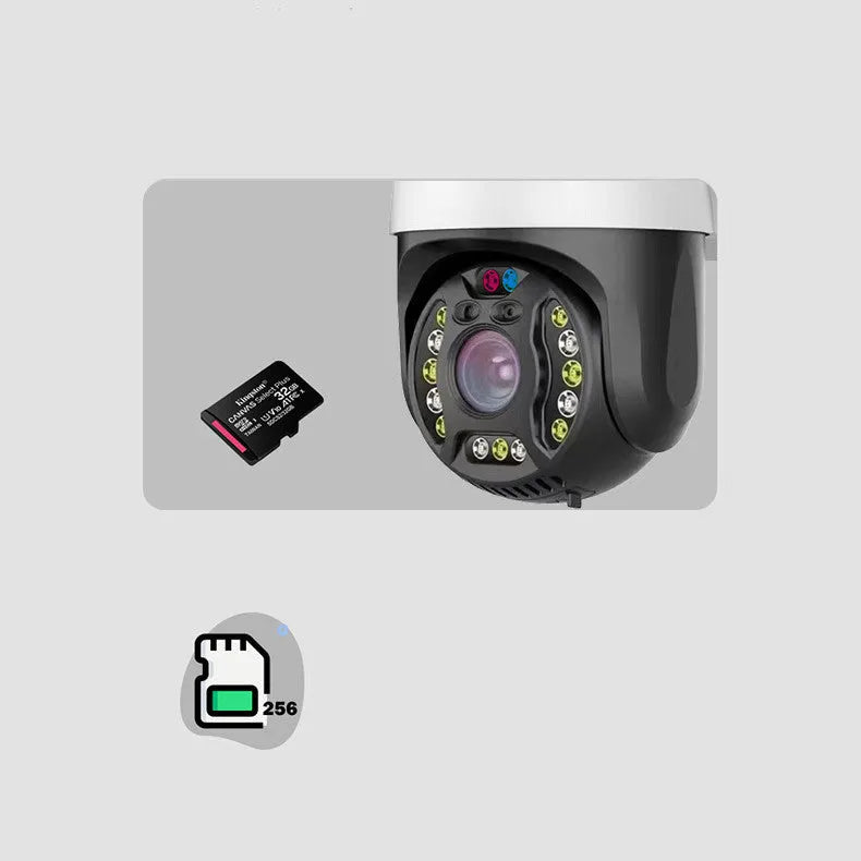 Outdoor dome surveillance camera with 360-degree rotation capability showing 5MP resolution and infrared night vision
