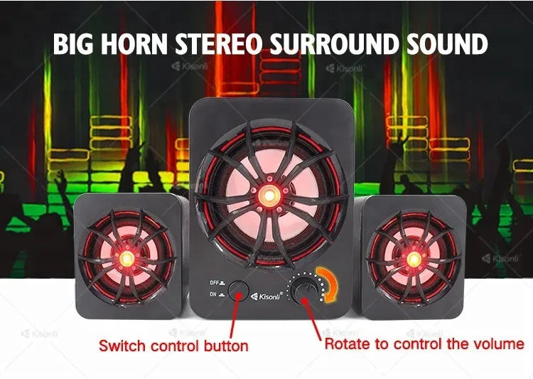 Green 2.1 USB computer speaker with colourful glowing lights and dual connectivity ports