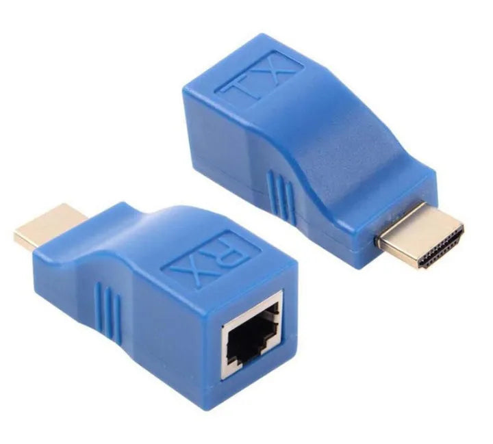 A compact black HDMI extender transmitter and receiver pair for extending signals over Cat5e/6 cable.
