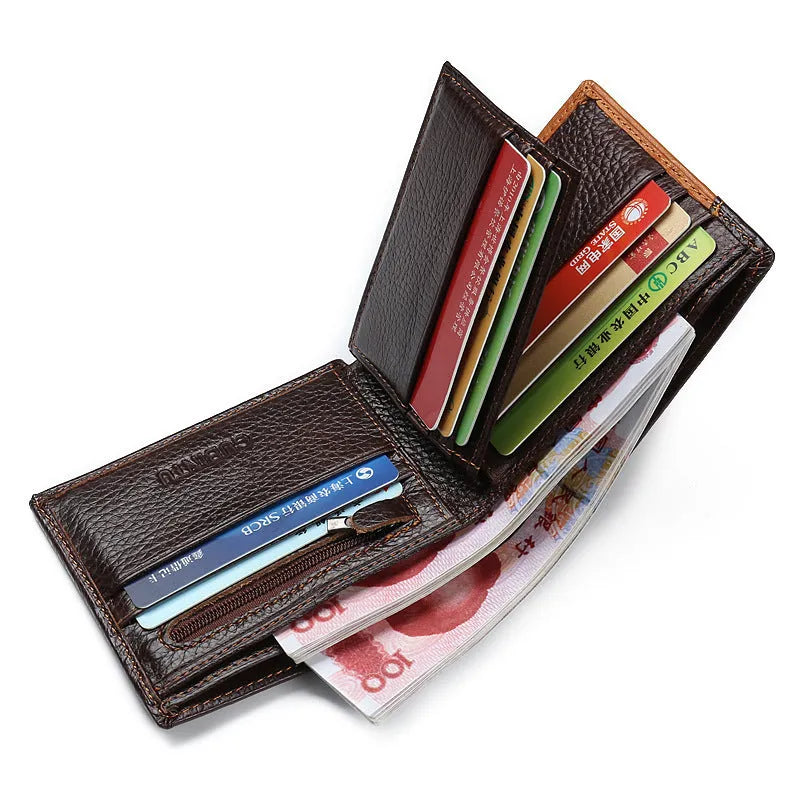 Soft cowhide leather men's wallet with decorative stitching, shown open to reveal card slots, a zipper compartment, and a bill holder.