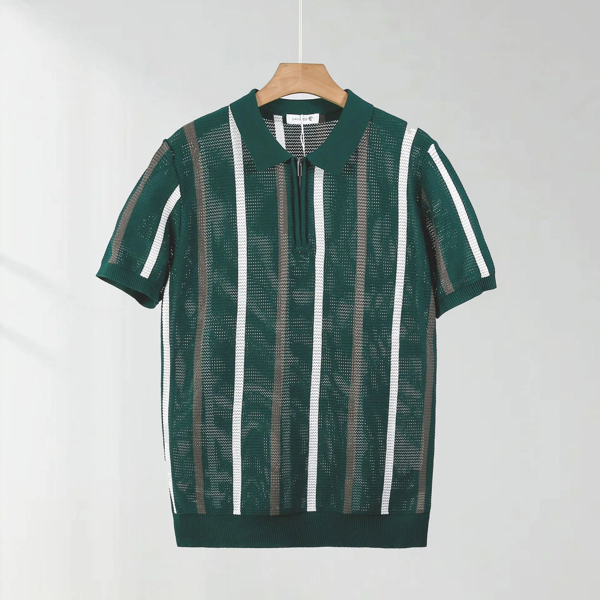 Men's black hollow mesh short-sleeved polo shirt with full-length front zipper decoration