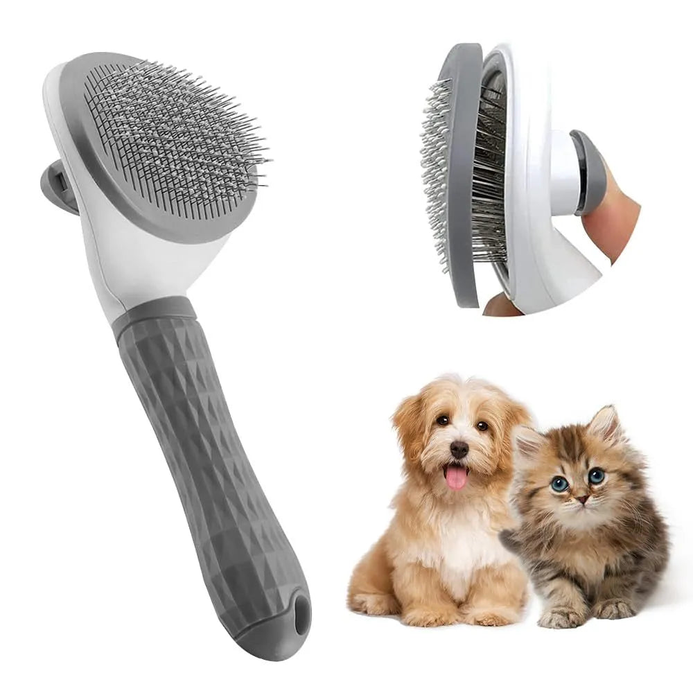Cat grooming brush with release button in blue, grey, or pink, showing fine wire bristles