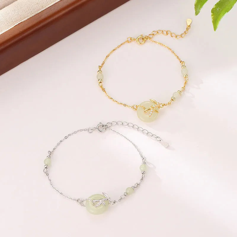 Women's antique style Hetian Jade bracelet with safety buckle in 925 silver