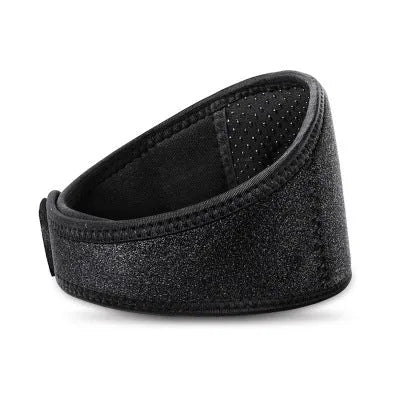 Black self-heating magnetic therapy neck guard with adjustable shoulder strap.