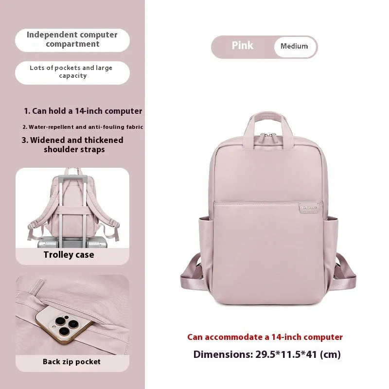 Large canvas travel backpack in apricot colour showing external pocket and urban style.