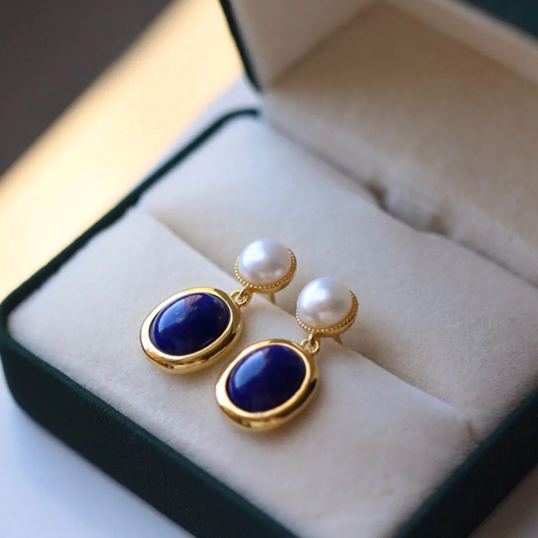 Natural lapis lazuli pearl earrings made from 925 silver with auspicious patterns