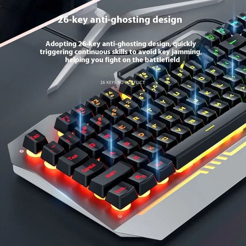 Black and white wired keyboard mouse and headset bundle with RGB LED backlighting on desk