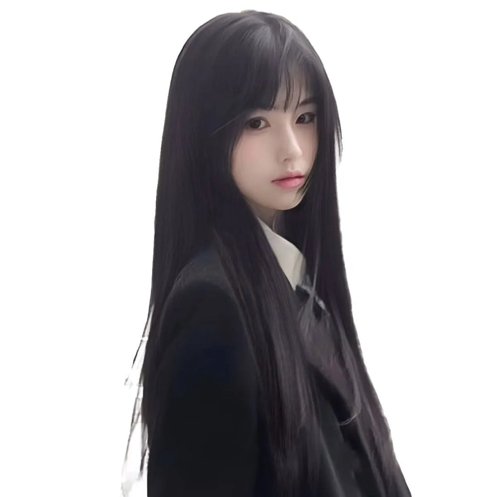 Long straight black synthetic wig with bangs, made from high temperature fibre for women.