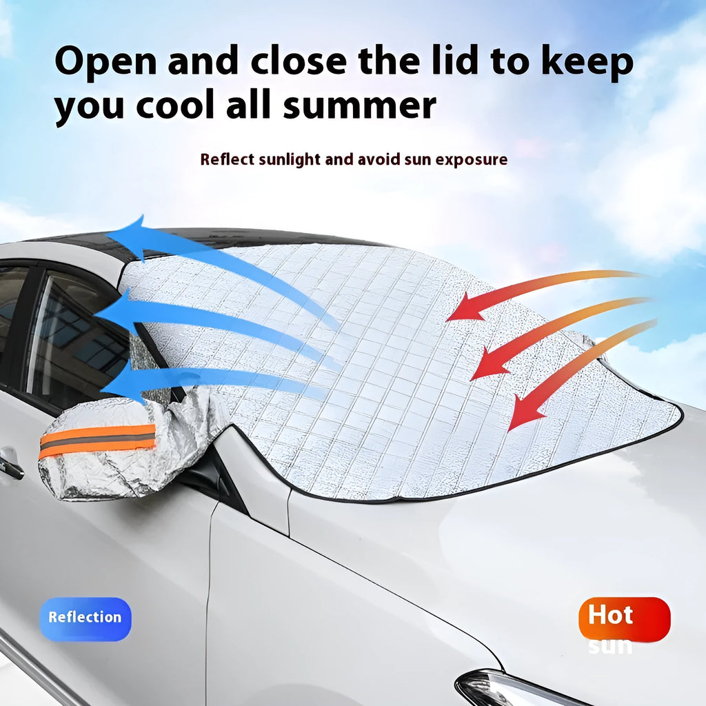Winter car windshield cover for SUVs with aluminium foil construction and five magnets
