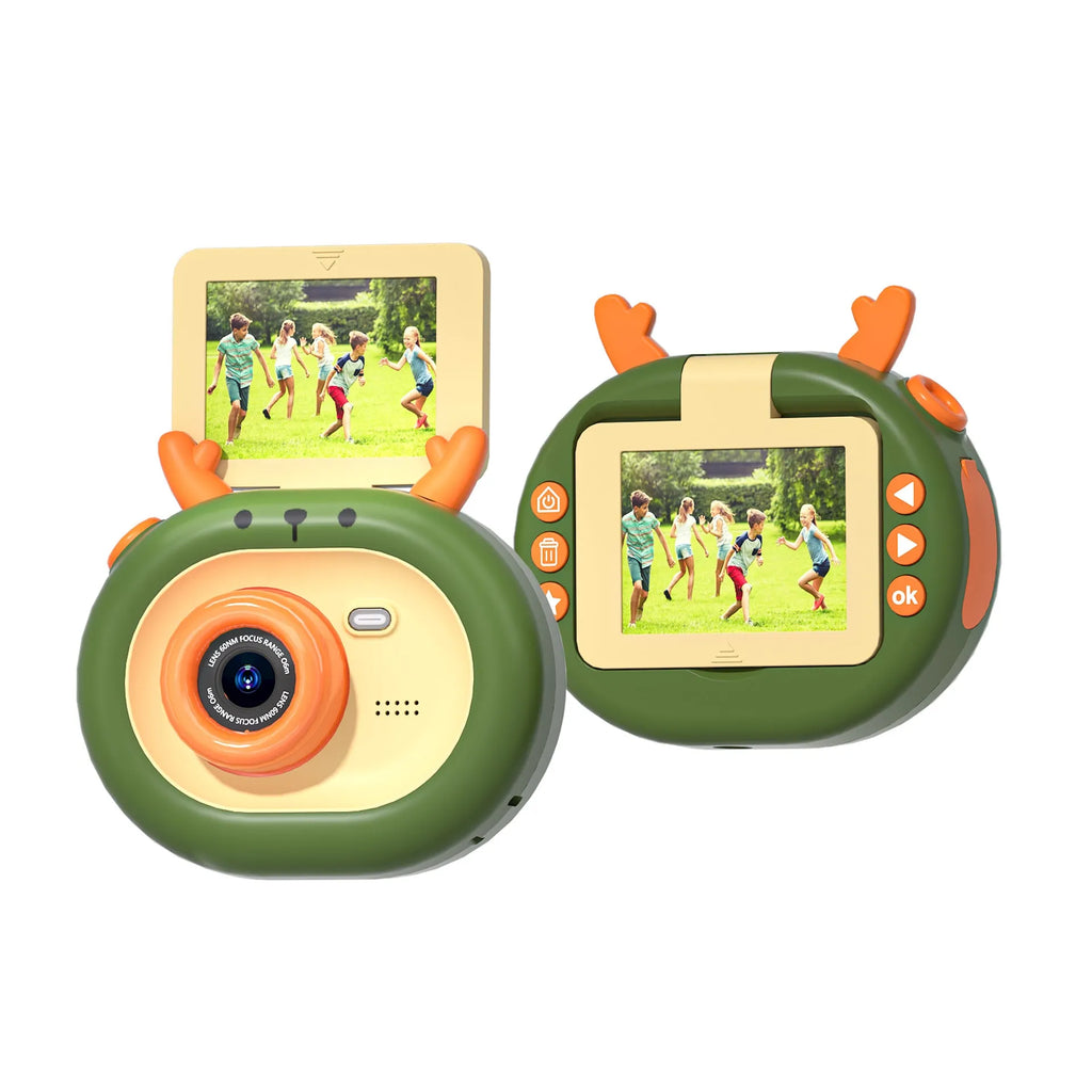 Purple children's digital camera with flip screen, silicone case, and lanyard on a table
