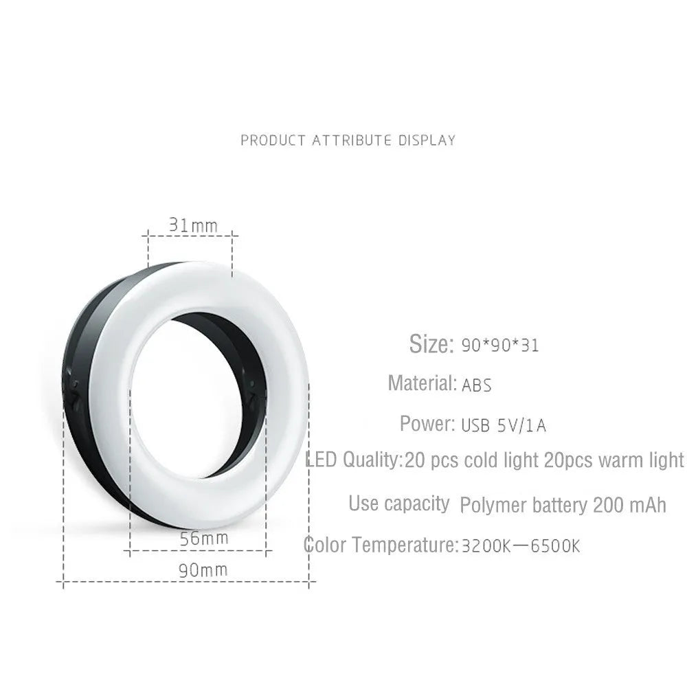 Black pink or white LED selfie ring light for mobile photography with adjustable brightness