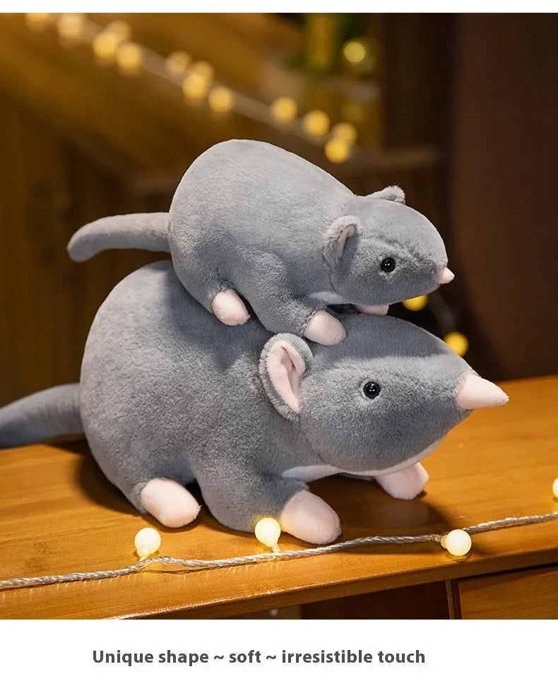 Cartoon-style grey mouse plush doll stuffed toy in small, medium, and large sizes.