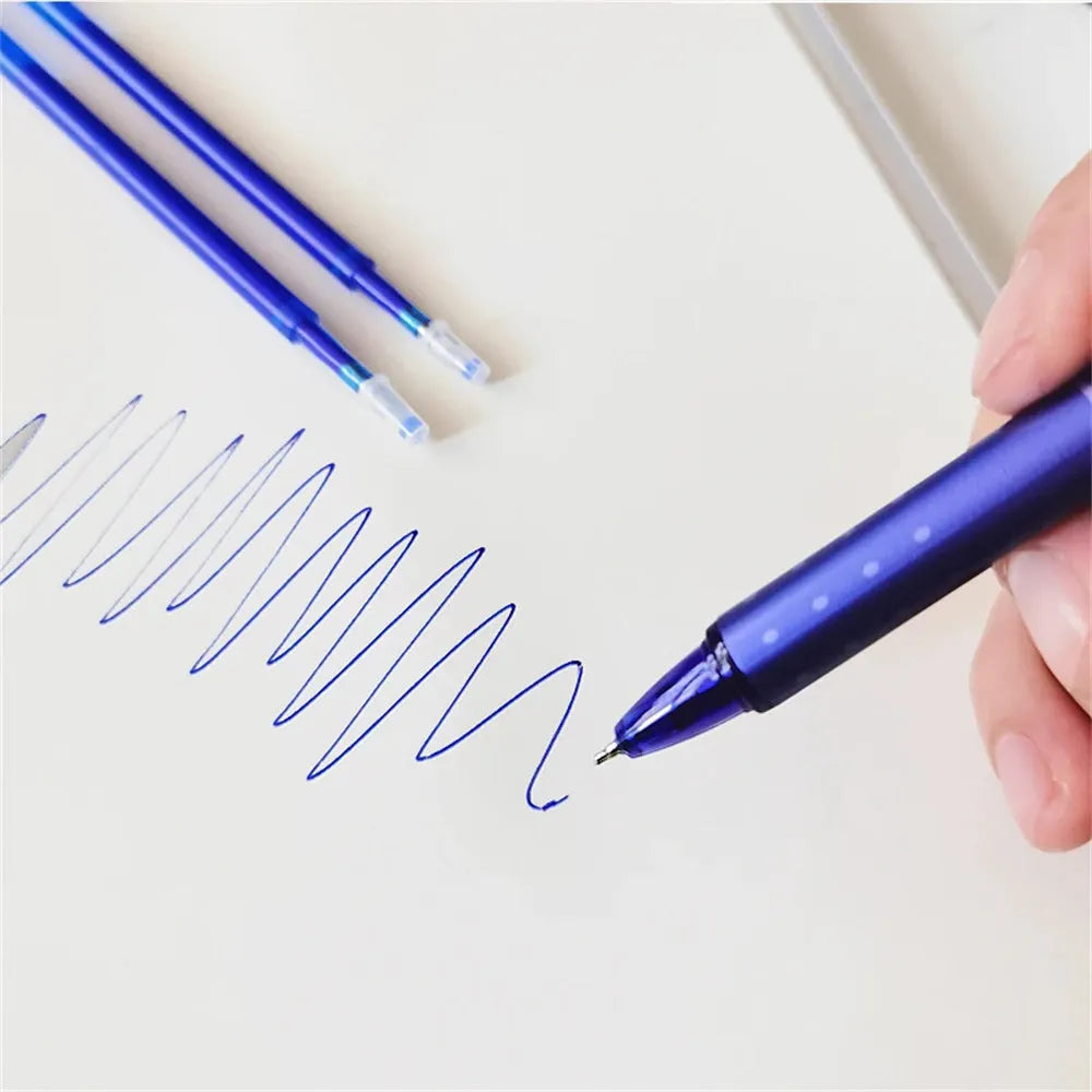 Blue and black hot erasable push gel pen with 0.5mm stainless steel nib for school students.