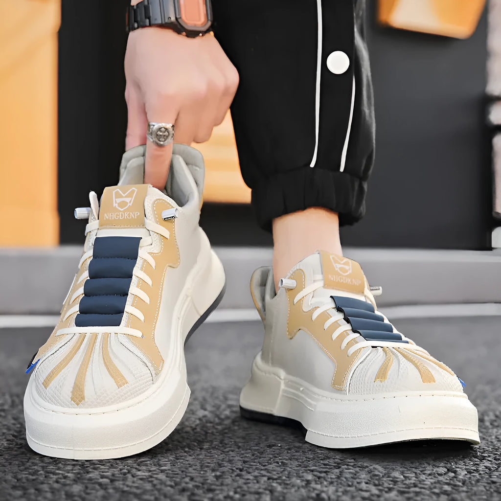 Men's beige low-top sneakers with elastic band and round toe.