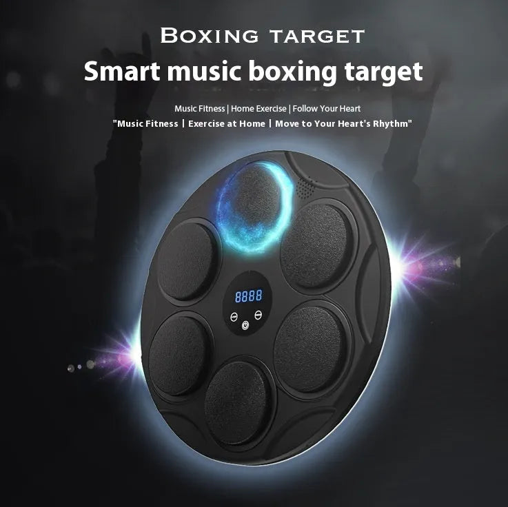 Black smart Bluetooth boxing hanging target with coloured lights, wall mount set and cable.