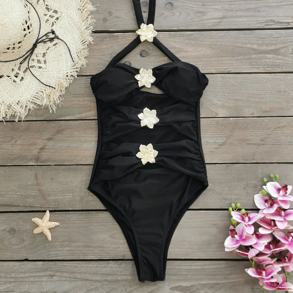 Women's solid colour one-piece swimsuit with high-waist hollow-out design and matching short skirt
