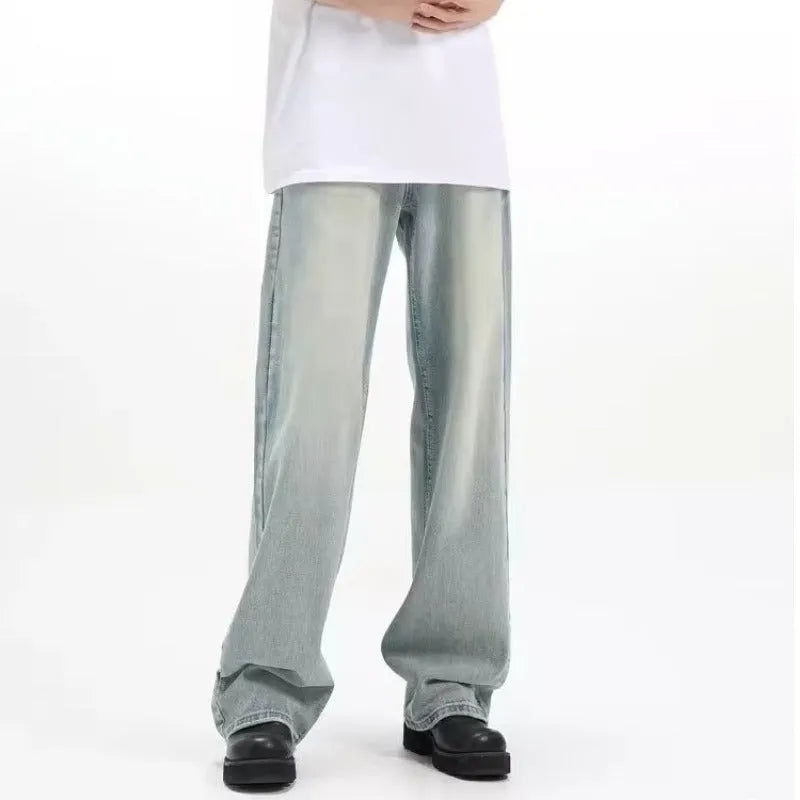 Blue loose-fit retro-style women's trousers made from rabbit fur fabric on a neutral background.
