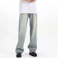 Blue loose-fit retro-style women's trousers made from rabbit fur fabric on a neutral background.