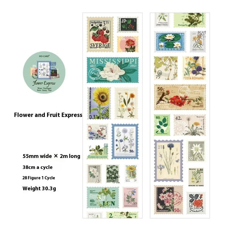 55mm wide retro DIY journal decoration stamp roll with butterfly, forest, bird and mushroom patterns