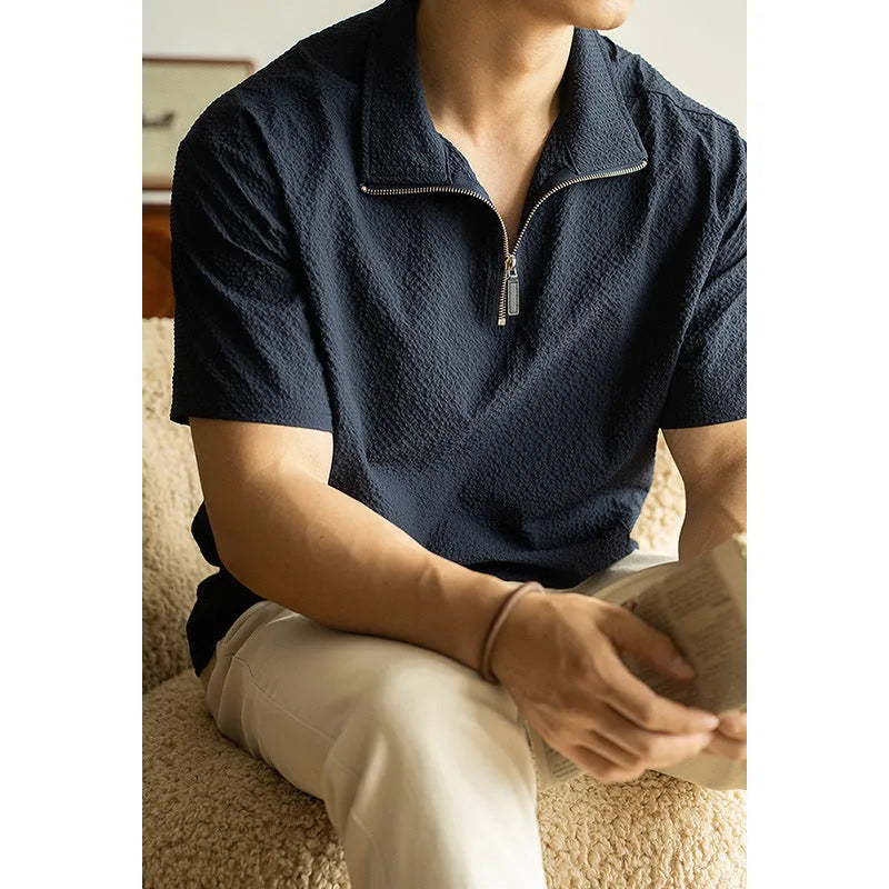 Men's cedar green short sleeve polyester T-shirt with loose fit for summer casual wear