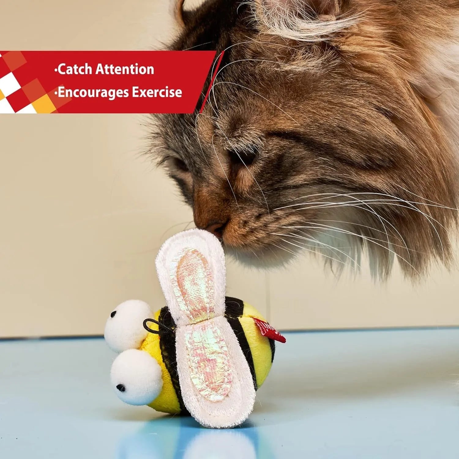 Yellow flannelette bee-shaped electronic cat toy with motion-activated squeaking functionality