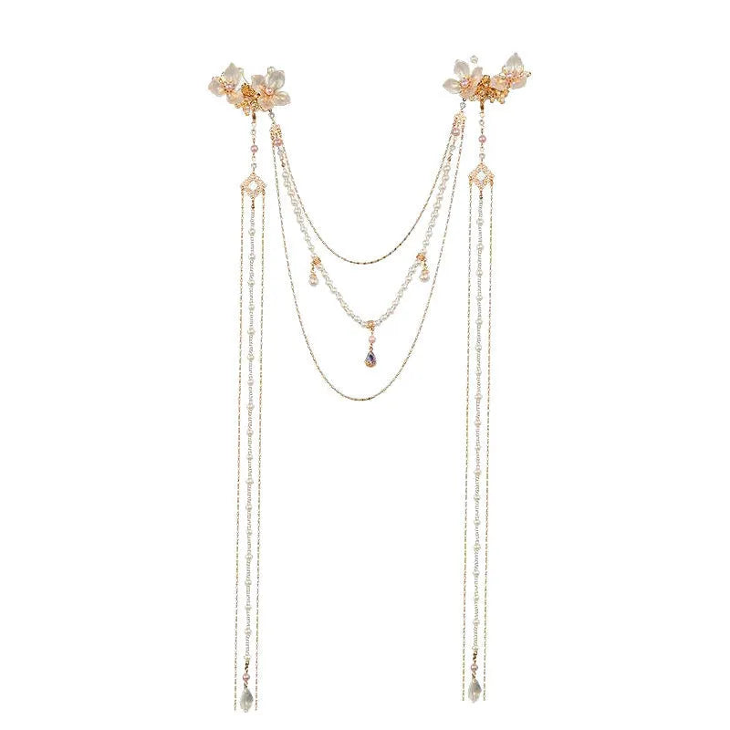 Gold grip women's hairpin with pearl, diamond floral details and acrylic tassel
