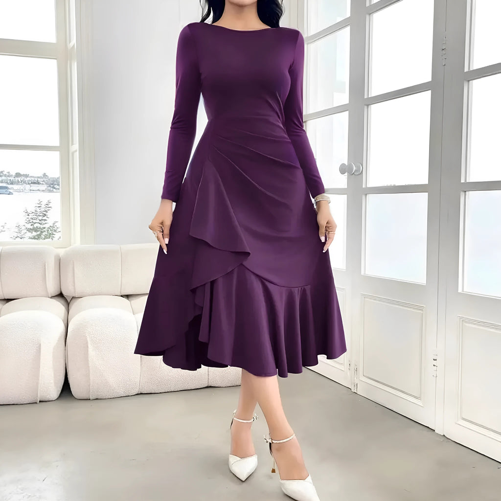 Purple women's long sleeve dress with ruffles, round neck, and mid waist.
