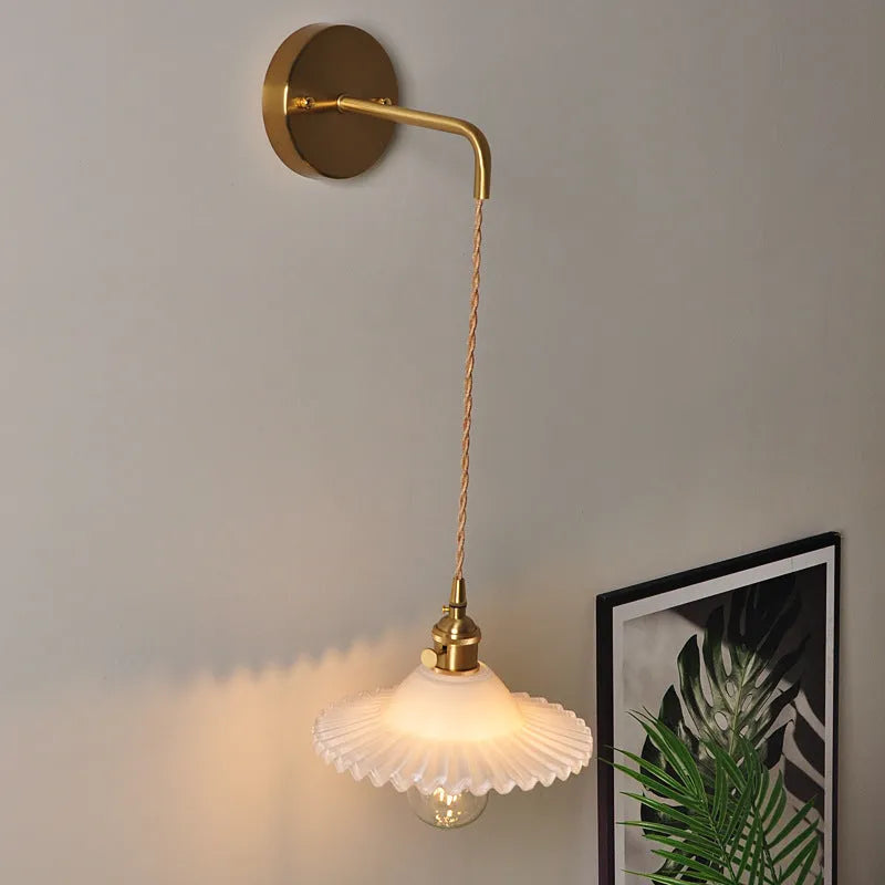 Copper retro wall lamp with lotus-shaped glass shade in six colour options