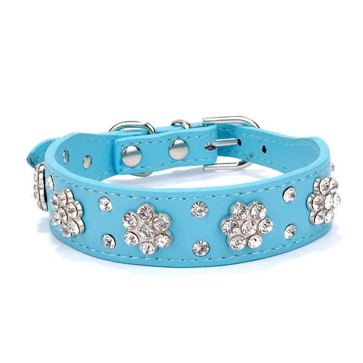 Cute PU leather dog collar with studded rhinestone flower pattern available in multiple colours for small and medium dogs