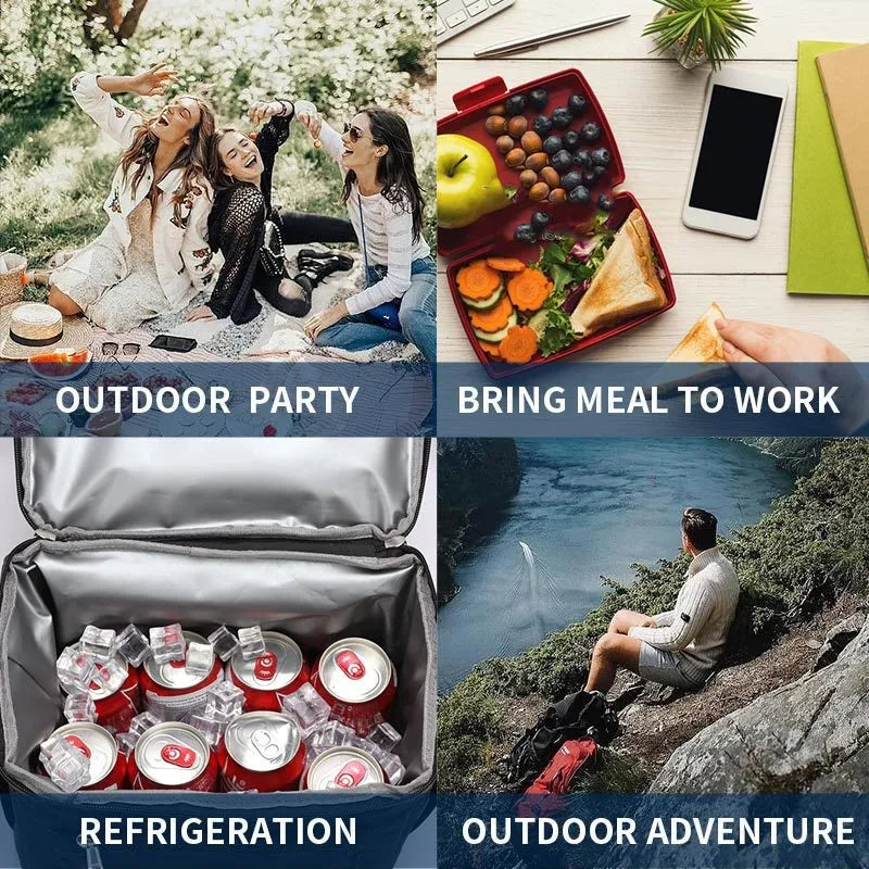 Blue insulated waterproof picnic backpack with double-layer construction and ice pack compartment