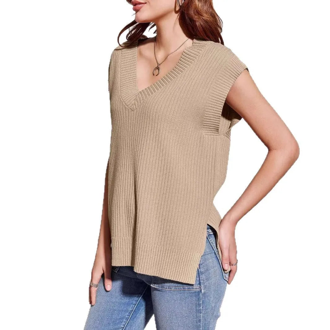 Women's V-neck sleeveless vest in striped viscose fabric with loose fit
