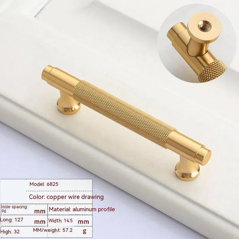 Brushed brass aluminium alloy wardrobe handle with light luxury finish showing hole spacing options for cabinet doors
