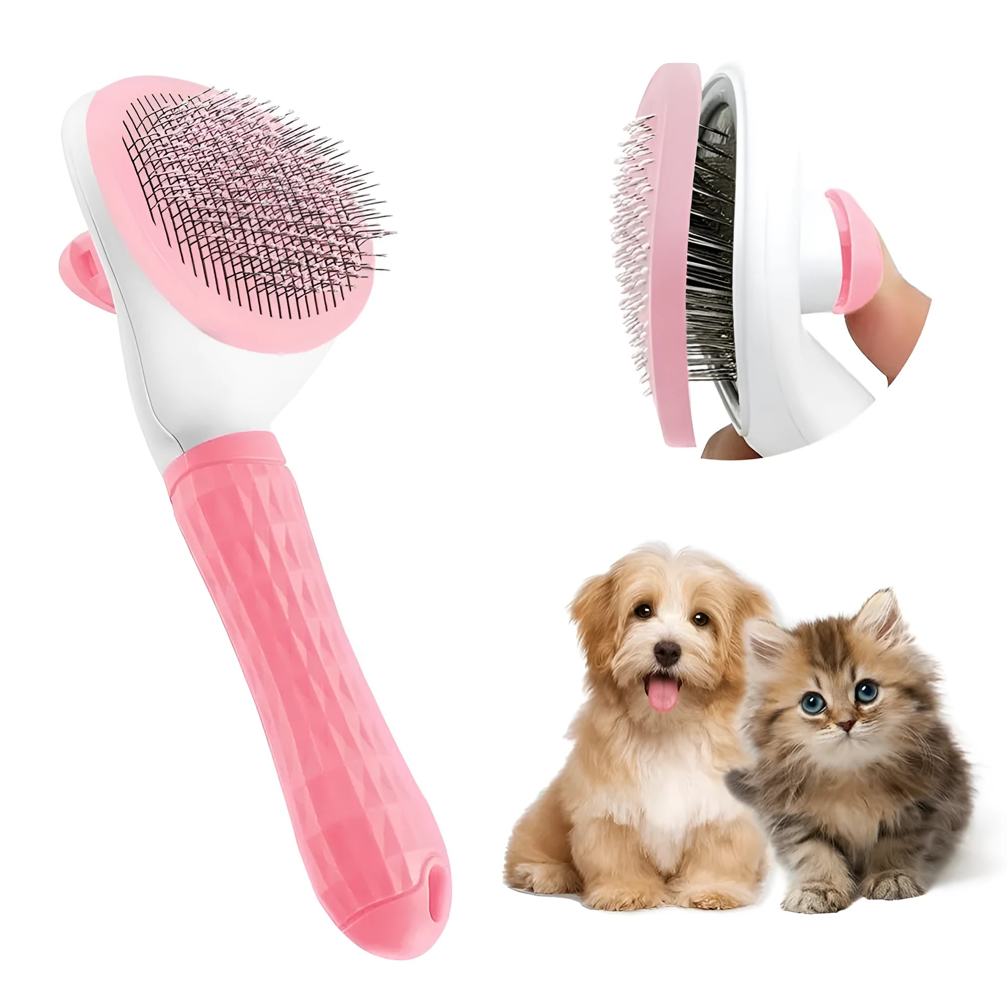 Cat grooming brush with release button in blue, grey, or pink, showing fine wire bristles