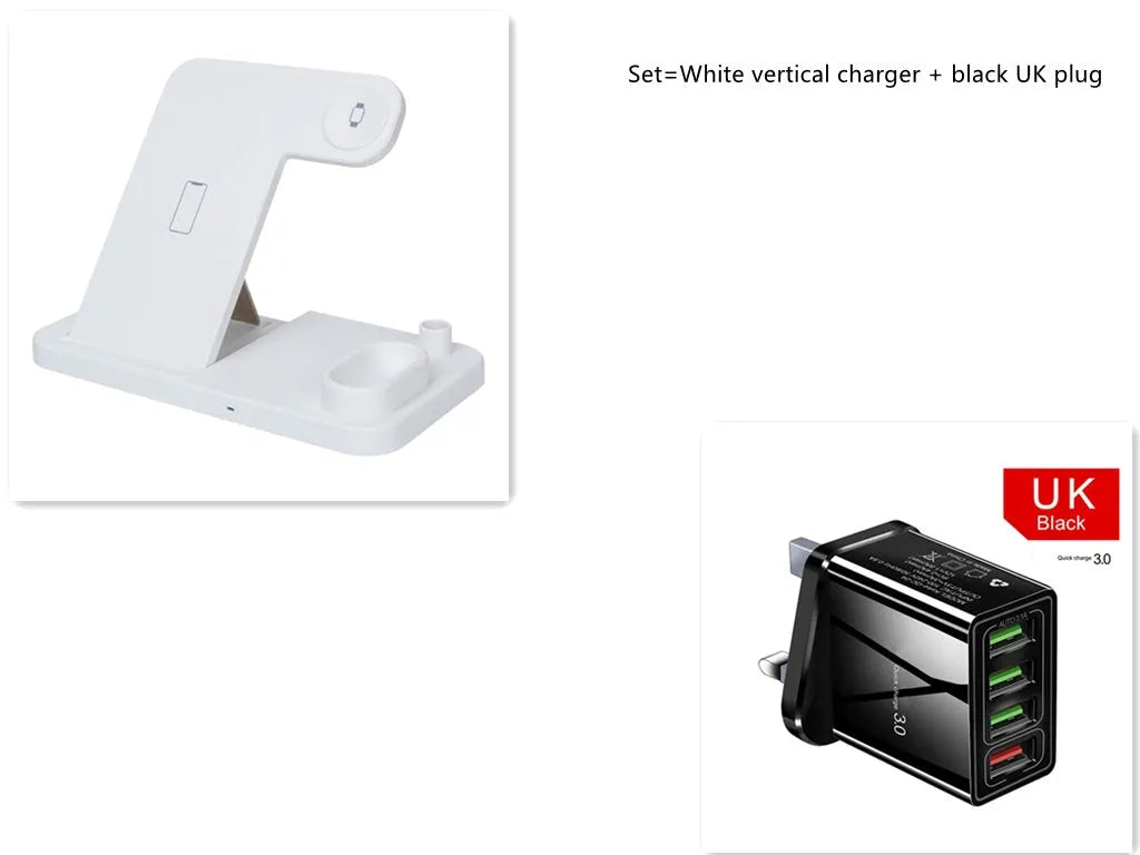 4-in-1 wireless charging station showing phone, Apple Watch, AirPods and Apple Pencil charging simultaneously