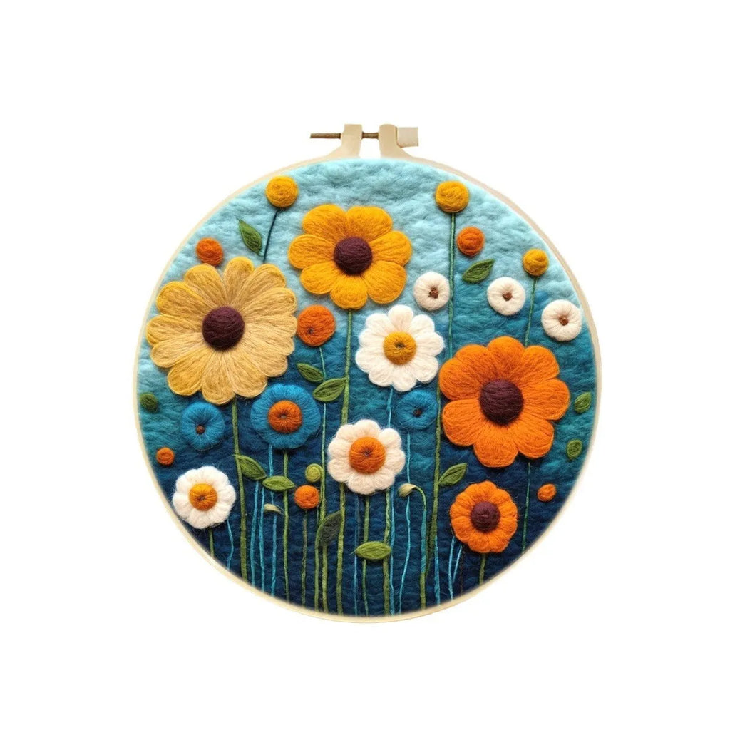 Round embroidery kit with wool felt floral components and 20x20cm linen frame