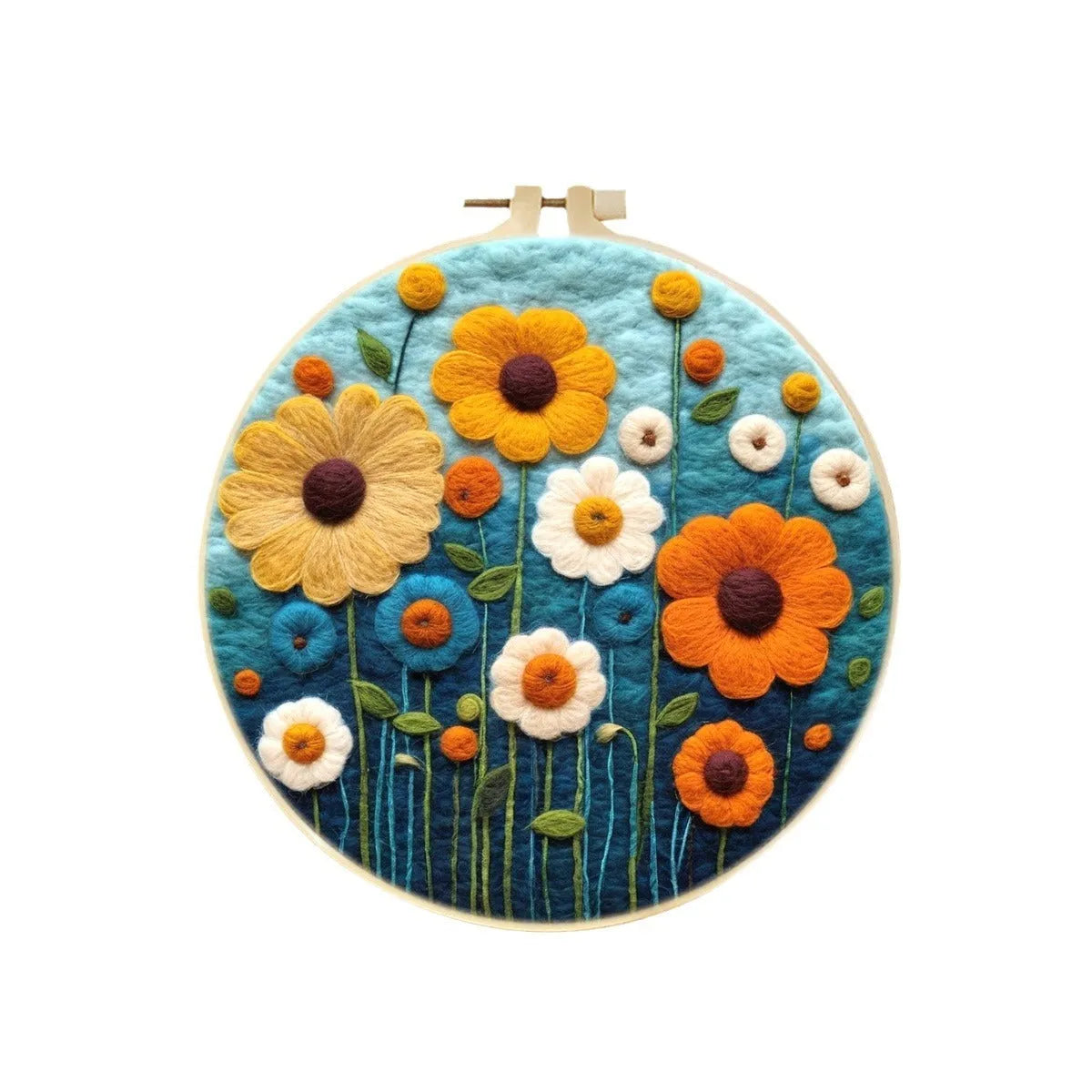 Round embroidery kit with wool felt floral components and 20x20cm linen frame