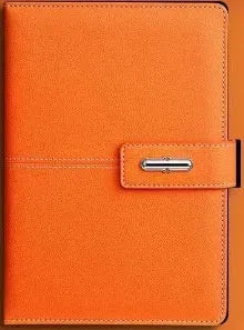 A5 notebook with a PU leather cover, open to show wood-free paper pages.