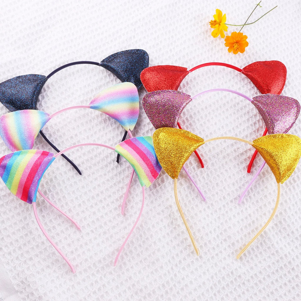 Cat ear cloth headband hair pin for women in gradient, rainbow, and leopard print colour options