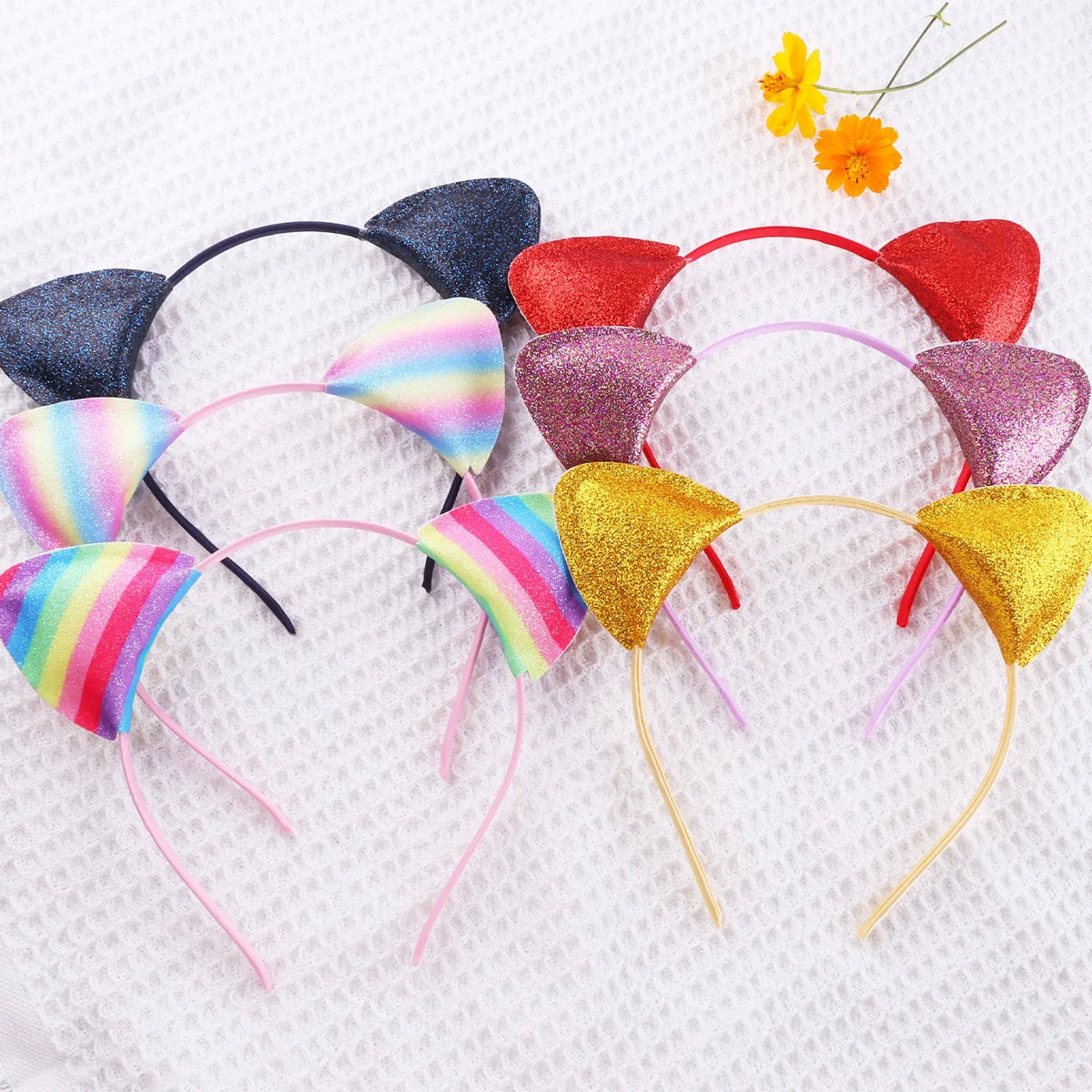 Cat ear cloth headband hair pin for women in gradient, rainbow, and leopard print colour options