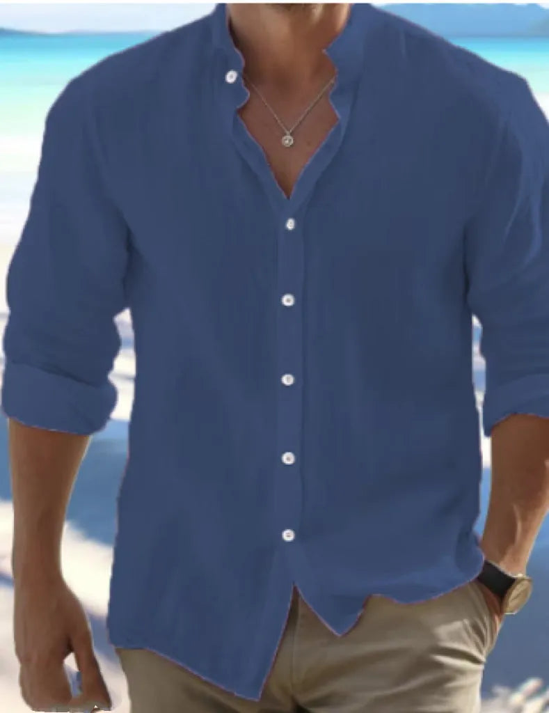 Men's long-staple cotton button summer shirt with pullover collar in various colours.